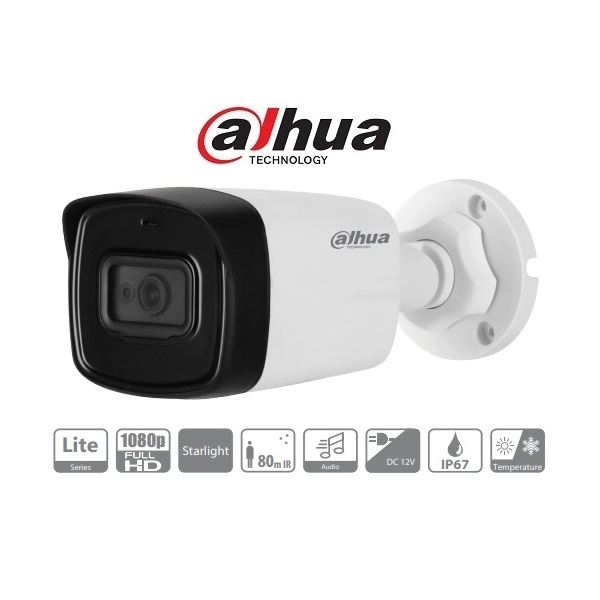 Dahua HAC-HFW1230TL-A Bullet kamera, kültéri, 2MP, 3,6mm, IR80m, ICR, IP67, DWDR, audio, 4in1, STARLIGHT, műanyag