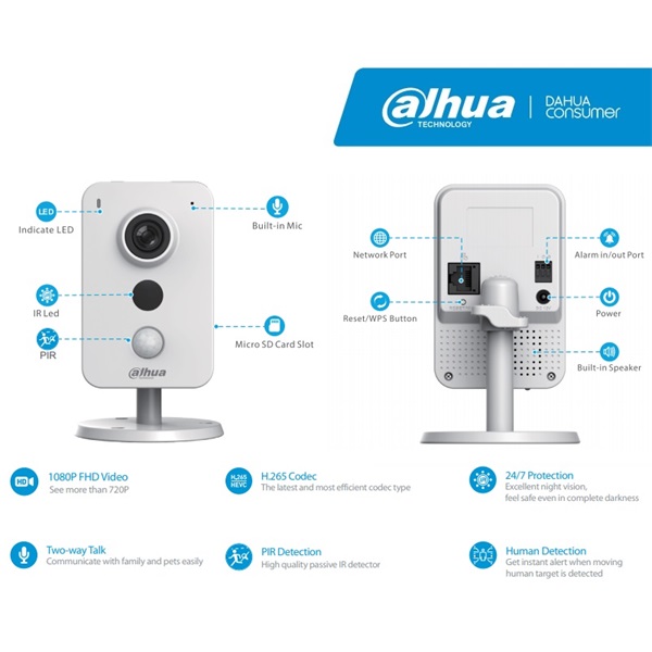 Dahua IP wifi Cube kamera - IPC-K26 (2MP, 2,8mm, beltéri, H265, IR10m, D&N(ICR), DWDR, SD, audio, I/O, PIR)