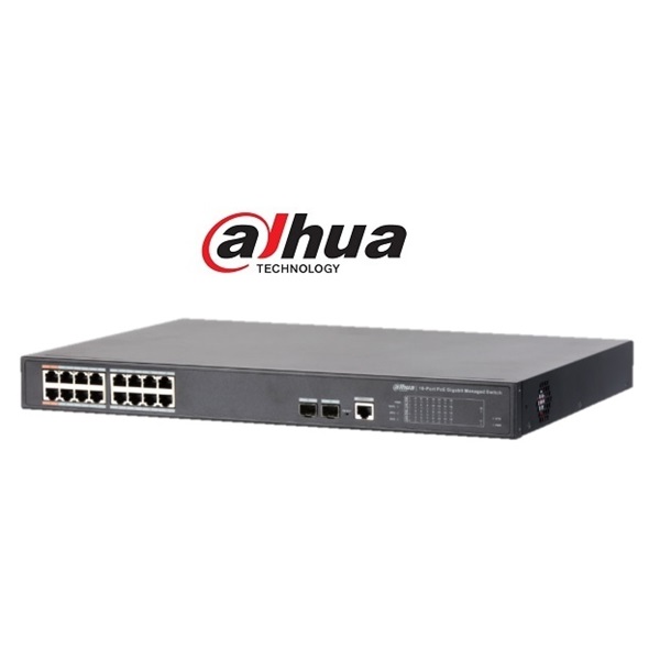 Dahua Menedzselhető PoE switch - PFS4218-16GT-240 (16x gigabit PoE/PoE+ (240W) + 2x SFP uplink, HighPoE(1,2))
