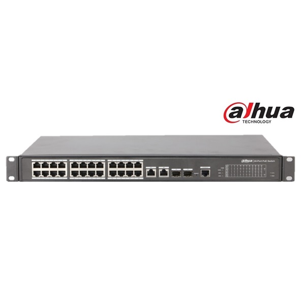 Dahua Menedzselhető PoE switch - PFS4226-24ET-240 (24x 10/100 PoE/PoE+ (240W)+2x gigabit/SFP combo uplink,HighPoE(1,2))