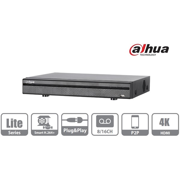 Dahua XVR5116H-4KL XVR, 16 port, 8MP/112fps, 4MP/240fps, 1080P/400fps, H264+, 1x Sata, HDMI, Audio