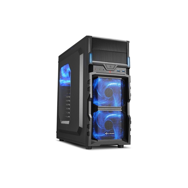 Sharkoon Számítógépház - VG5-W (fekete; kék belső; ATX,mATX; alsó táp; 1x120mm v.; 2xUSB3.0, I/O)
